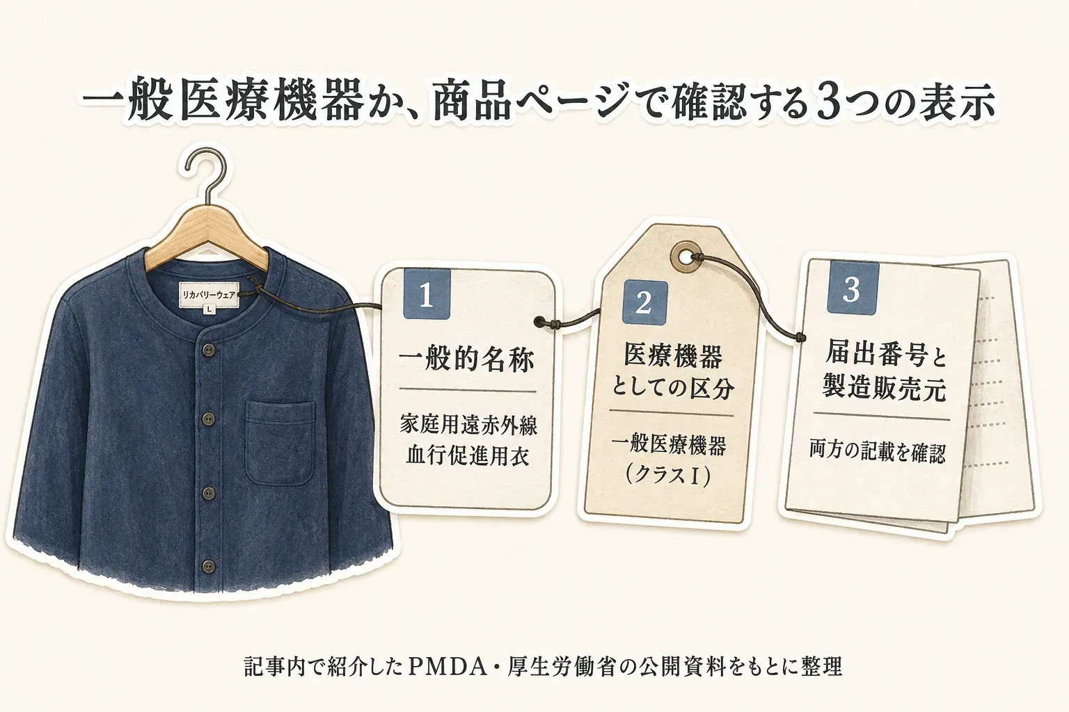 一般医療機器かを商品ページで確認する3つの表示を、衣類とタグで図解。一般的名称「家庭用遠赤外線血行促進用衣」、医療機器としての区分「一般医療機器（クラスI）」、届出番号と製造販売元の両方を確認する。PMDA・厚生労働省の公開資料をもとに整理。