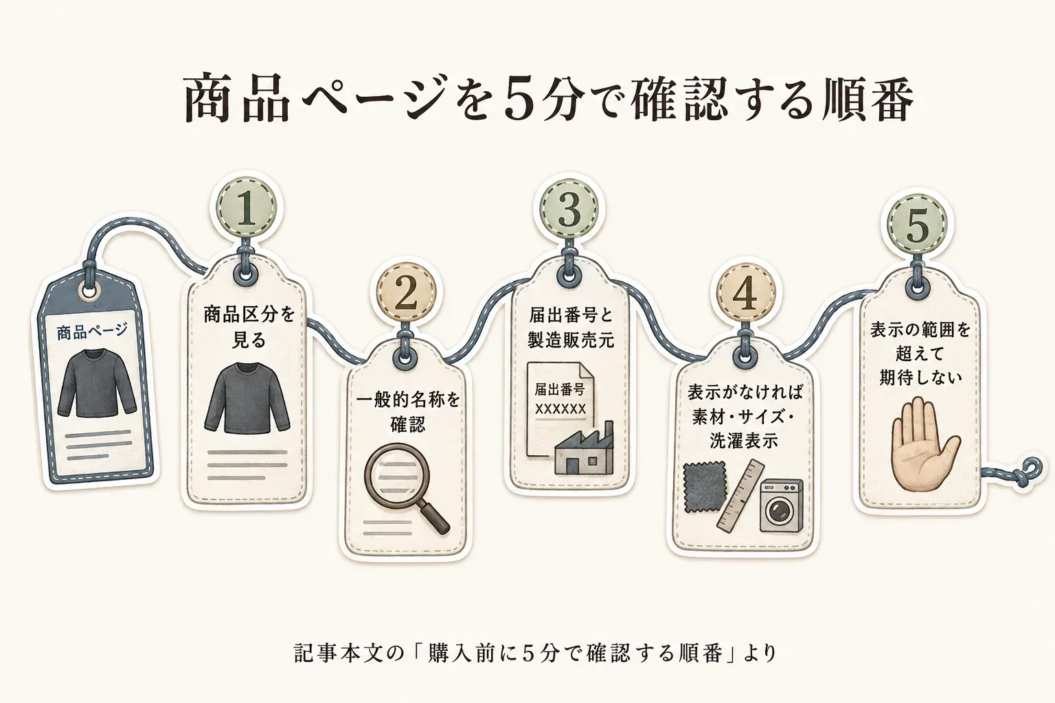 商品ページを5分で確認する順番をタグで図解。商品区分、一般的名称、届出番号と製造販売元、表示がなければ素材・サイズ・洗濯表示、表示の範囲を超えて期待しない、の5段階。