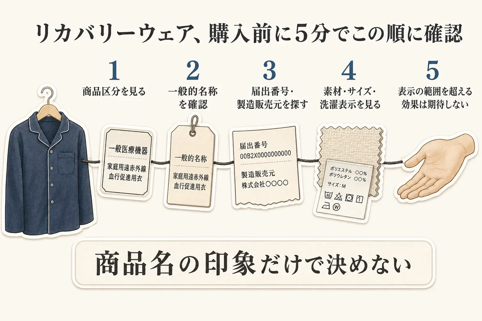 リカバリーウェアの購入前に5分で確認する5項目。商品区分、一般的名称、届出番号・製造販売元、素材・サイズ・洗濯表示、表示の範囲を超える効果は期待しない。商品名の印象だけで決めないことを示す図。