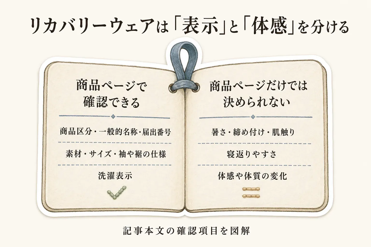 リカバリーウェアは「表示」と「体感」を分ける図。商品ページで確認できるのは商品区分・一般的名称・届出番号、素材・サイズ・袖や裾の仕様、洗濯表示。商品ページだけでは決められないのは暑さ・締め付け・肌触り、寝返りやすさ、体感や体質の変化。