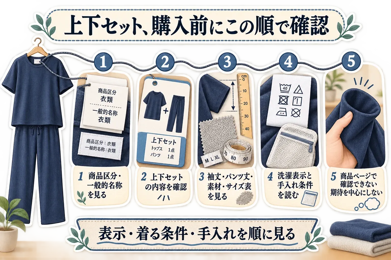 リカバリーウェア上下セットを購入前に確認する順番を示す図。1商品区分・一般的名称を見る、2上下セットの内容を確認、3袖丈・パンツ丈・素材・サイズ表を見る、4洗濯表示と手入れ条件を読む、5商品ページで確認できない期待を中心にしない、の5段階。